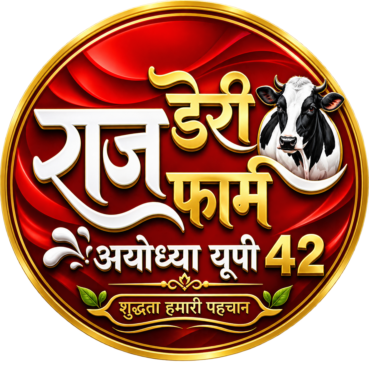 Raj Dairy Farm Ayodhya UP 42 logo with cow and Hindi branding